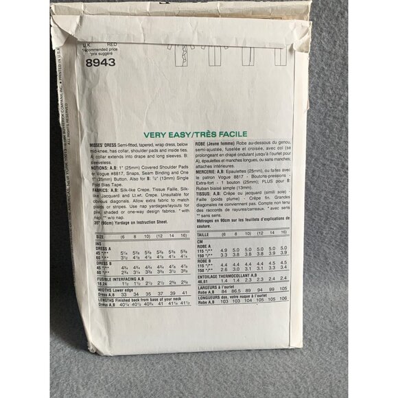 Very Vogue Pattern 8943 Misses Dress Sewing Pattern Size 6-10 uncut - Picture 2 of 2